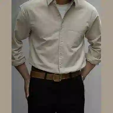 唔刃 休闲经典舒适百搭 通勤纯棉长袖宽松落肩翻领衬衣衬衫 美式 男款 杏色
