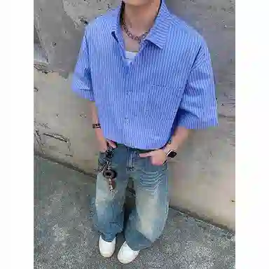 臣目 条纹日系翻领宽松舒适百搭短袖衬衫 男款