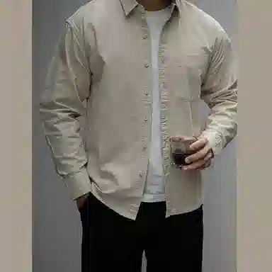 唔刃 休闲经典舒适百搭 通勤纯棉长袖宽松落肩翻领衬衣衬衫 美式 男款 杏色
