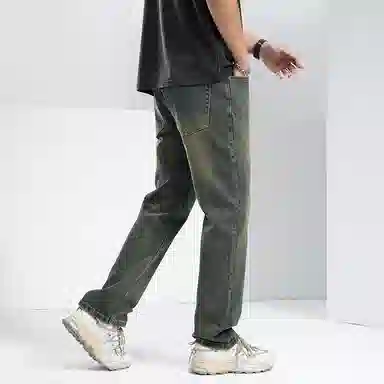 海尔斯 美式复古高街时尚潮牌舒适百搭水洗做旧宽松直筒弹力牛仔裤 男款