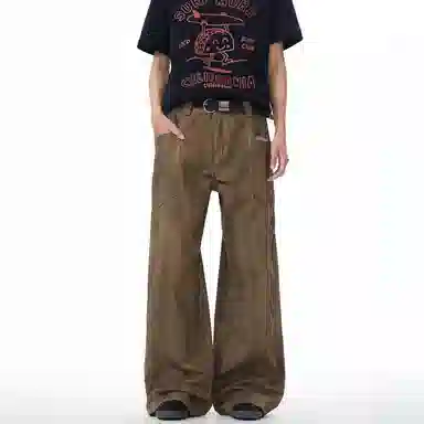 王者荣耀 标语款 美式复古水洗做旧脏脏裤大口袋金属夹标装饰宽松百搭舒适垂感休闲废土风潮牌牛仔裤 男女同款 棕色