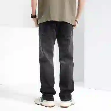 海尔斯 美式高街时尚潮牌舒适百搭重工做旧弹力宽松直筒牛仔裤 男款 黑灰色