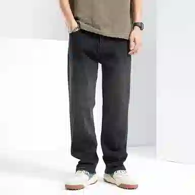 海尔斯 美式高街时尚潮牌舒适百搭重工做旧弹力宽松直筒牛仔裤 男款 黑灰色