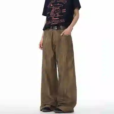 王者荣耀 标语款 美式复古水洗做旧脏脏裤大口袋金属夹标装饰宽松百搭舒适垂感休闲废土风潮牌牛仔裤 男女同款 棕色