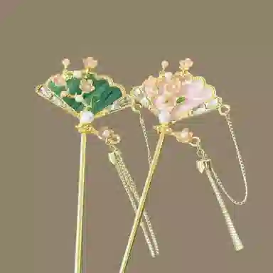 【罗扇轻摇】 指尖瑰宝 新中式国风扇子花朵精致流苏轻奢小众高级感日常通勤百搭汉服穿搭 合金 发簪 女款