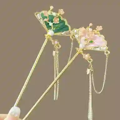 【罗扇轻摇】 指尖瑰宝 新中式国风扇子花朵精致流苏轻奢小众高级感日常通勤百搭汉服穿搭 合金 发簪 女款