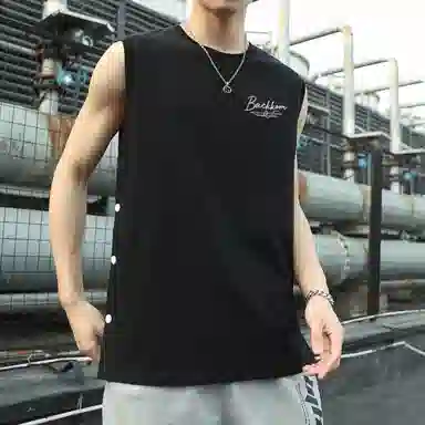 大卫贝肯 美式嘻哈街头侧边排扣设计字母印花背心松紧系带腰头户外速干工装短裤宽松舒适百搭潮流休闲运动套装 男女同款