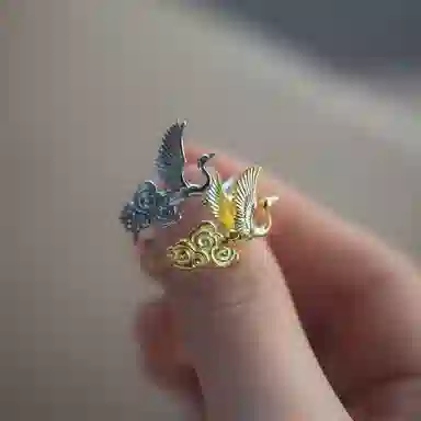 指尖瑰宝 国潮复古祥云仙鹤精致时尚高级感满满百搭小众轻奢高档 镀银 戒指 男女同款情侣款