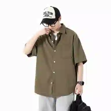 袋鼠 美式冰丝透气亲肤舒适纯色简约基础款多巴胺配色休闲百搭宽松短袖衬衫 男女同款