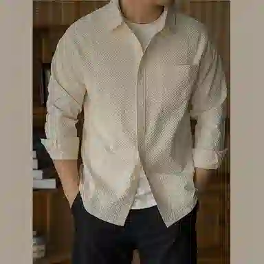 唔刃 复古泡泡纱肌理感衬衣宽松长袖衬衣透气抗皱外套衬衫 男款