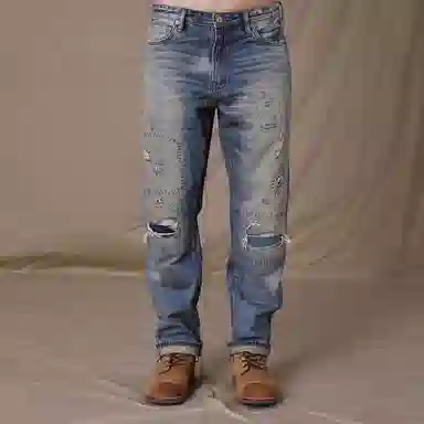 实年服工 手工缝线款重磅做旧水洗破洞补丁赤耳牛仔裤 男款 复古深蓝