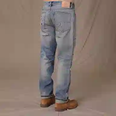 实年服工 手工缝线款重磅做旧水洗破洞补丁赤耳牛仔裤 男款 复古深蓝