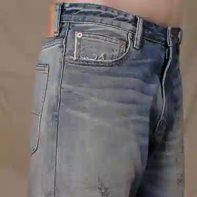 实年服工 手工缝线款重磅做旧水洗破洞补丁赤耳牛仔裤 男款 复古深蓝