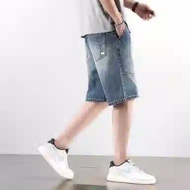 羽浅 薄款复古拼接五分裤宽松牛仔短裤 男女同款 蓝色