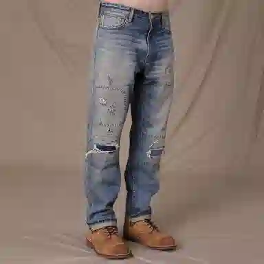 实年服工 手工缝线款重磅做旧水洗破洞补丁赤耳牛仔裤 男款 复古深蓝