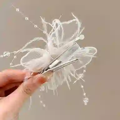 水中玉 超仙高级感羽毛蝴蝶发卡侧边鸭嘴夹甜美气质发饰刘海夹 合金 发夹 女款