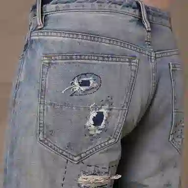 实年服工 手工缝线款重磅做旧水洗破洞补丁赤耳牛仔裤 男款 复古深蓝