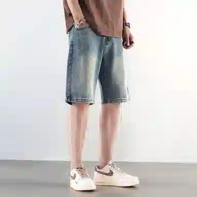 羽浅 薄款复古水洗宽松潮牌休闲五分裤牛仔短裤 男女同款 蓝色