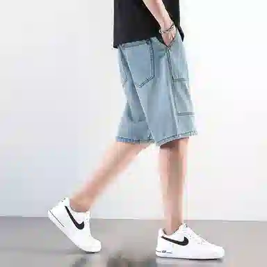 羽浅 拼接宽松百搭潮牌舒适透气牛仔短裤 男女同款 蓝色