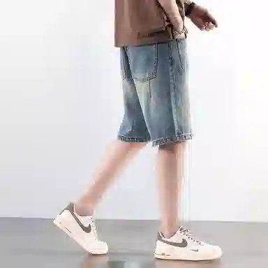 羽浅 薄款复古水洗宽松潮牌休闲五分裤牛仔短裤 男女同款 蓝色