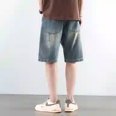 羽浅 薄款复古水洗宽松潮牌休闲五分裤牛仔短裤 男女同款 蓝色