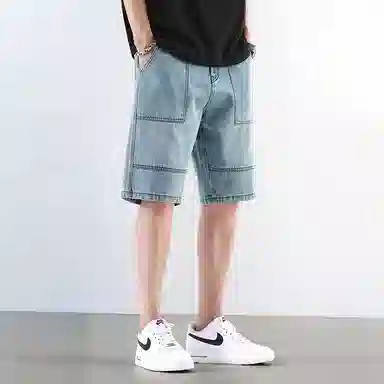 羽浅 拼接宽松百搭潮牌舒适透气牛仔短裤 男女同款 蓝色