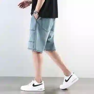 羽浅 拼接宽松百搭潮牌舒适透气牛仔短裤 男女同款 蓝色