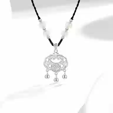 【S999足银纯银】六桂福 平安锁平安扣新中式长命锁吊坠 镂空花丝福字国潮转运招财纳福百搭气质手工编绳 福韵金 好运 玛瑙 礼盒项链 女款