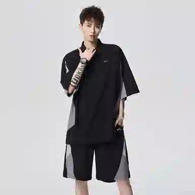 赛琪 美式复古高街舒适时尚简约拼接拼色短袖宽松百搭潮流透气系带短裤休闲运动套装 男女同款