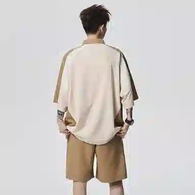 赛琪 美式复古高街舒适时尚简约拼接拼色短袖宽松百搭潮流透气系带短裤休闲运动套装 男女同款