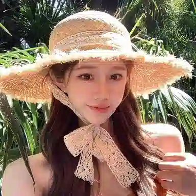 优幽兰 韩系小众设计感拉菲草帽夏季海边度假沙滩出游大檐遮阳显脸小优雅编织蕾丝飘带拍照必备 聚酯纤维 防晒帽 女款