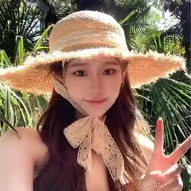 优幽兰 韩系小众设计感拉菲草帽夏季海边度假沙滩出游大檐遮阳显脸小优雅编织蕾丝飘带拍照必备 聚酯纤维 防晒帽 女款