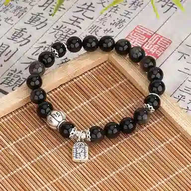 金戟 六字真言系列 新中式国潮复古风 转运珠路路通招财福牌好运天然 黑曜石 手串 男女同款情侣款