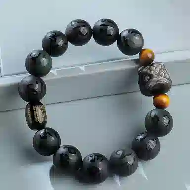 【瑞兽醒狮】 印象眸 新中式国潮六字箴言心经转运珠素圈多财多福诸事顺利高级感通勤古风手饰 礼盒包装#好运 黑曜石 手串 男女同款情侣款