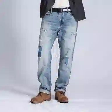 实年服工 水洗磨破补丁赤耳红边宽松直筒长裤牛仔裤 男款 浅蓝