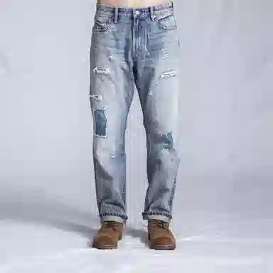 实年服工 水洗磨破补丁赤耳红边宽松直筒长裤牛仔裤 男款 浅蓝