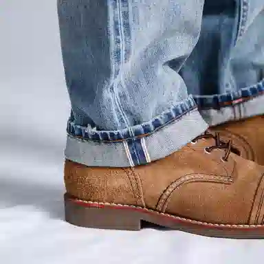 实年服工 水洗磨破补丁赤耳红边宽松直筒长裤牛仔裤 男款 浅蓝