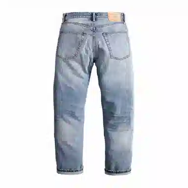 实年服工 水洗磨破补丁赤耳红边宽松直筒长裤牛仔裤 男款 浅蓝