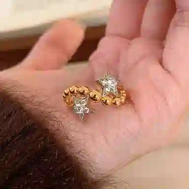 指尖瑰宝 轻奢高级中古风双子星圆珠波浪复古小众设计百搭个性 合金 戒指 女款