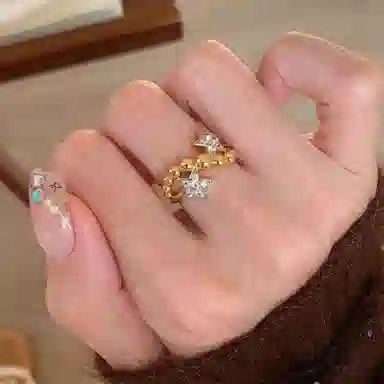 指尖瑰宝 轻奢高级中古风双子星圆珠波浪复古小众设计百搭个性 合金 戒指 女款