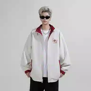 兰缪 美式高街风复古纯色基础款字母日常百搭通勤户外运动休闲宽松圆领无性别主义长袖夹克外套 男女同款