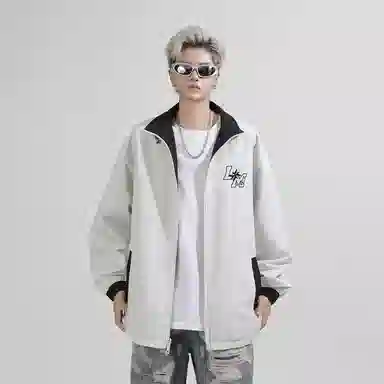 兰缪 美式高街风复古纯色基础款字母日常百搭通勤户外运动休闲宽松圆领无性别主义长袖夹克外套 男女同款