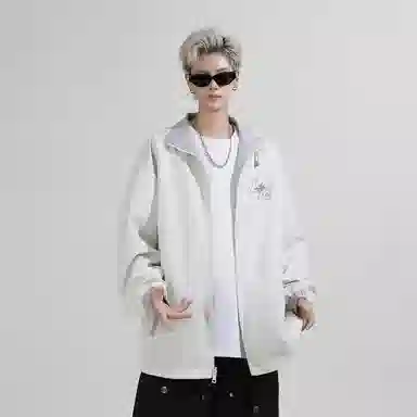 兰缪 美式高街风复古纯色基础款字母日常百搭通勤户外运动休闲宽松圆领无性别主义长袖夹克外套 男女同款