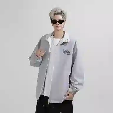 兰缪 美式高街风复古纯色基础款字母日常百搭通勤户外运动休闲宽松圆领无性别主义长袖夹克外套 男女同款