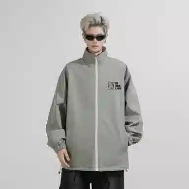 兰缪 美式高街风复古纯色基础款字母日常百搭通勤户外运动休闲宽松圆领无性别主义长袖夹克外套 男女同款