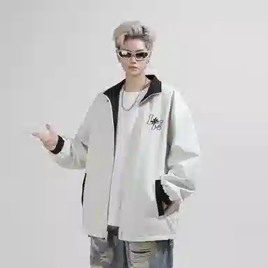 兰缪 美式高街风复古纯色基础款字母日常百搭通勤户外运动休闲宽松圆领无性别主义长袖夹克外套 男女同款