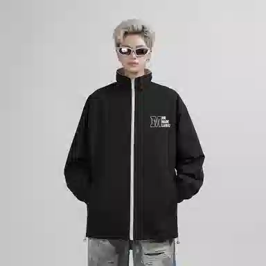 兰缪 美式高街风复古纯色基础款字母日常百搭通勤户外运动休闲宽松圆领无性别主义长袖夹克外套 男女同款