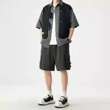 敦煌博物馆 美式潮流假两件拼色宽松百搭通勤休闲百搭短袖衬衫 男女同款