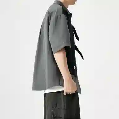 敦煌博物馆 美式潮流假两件拼色宽松百搭通勤休闲百搭短袖衬衫 男女同款