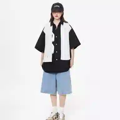 敦煌博物馆 美式潮流假两件拼色宽松百搭通勤休闲百搭短袖衬衫 男女同款